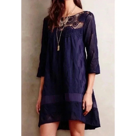 Holding Horses Anthropologie Augusta Navy Crochet Embroidered Tunic Dress(S) - Picture 4 of 13